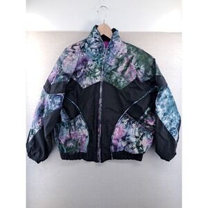 VTG East West Track Jacket Womens Large Black Colorful Windbreaker Ski Patachute